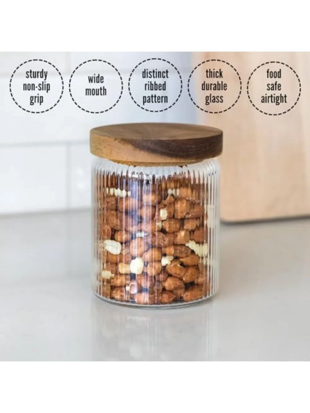 Ribbed Glass Storage Canisters with Wooden Lids, 17oz Set of 3 | Airtight